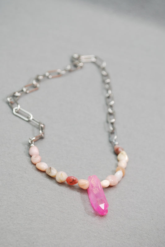 Bohemian Glamour Pink Opaline Stone & Quartz Crystal Necklace - Unique Estibela Creation for Gypsy-Chic Fashion Statement