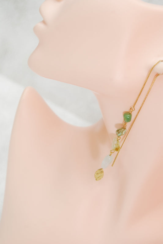 Chrysoprase stone cascade threader earrings, gold stainless steellong chain earrings, 19cm - 7.5"