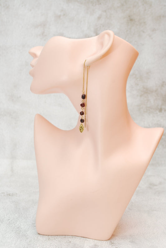 Cascade threader garnet stone gold earrings , long chain stainless steel earrings,  18cm - 7"