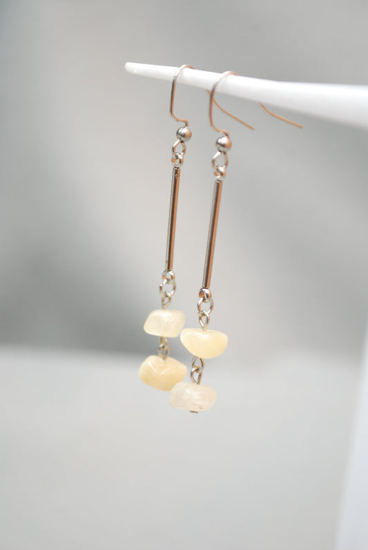 Elegant stainless steel earrings with natural gemstones. Estibela deisgn. 6.4cm 2.5". Minimalist Stone-Inspired Elegance Earrings