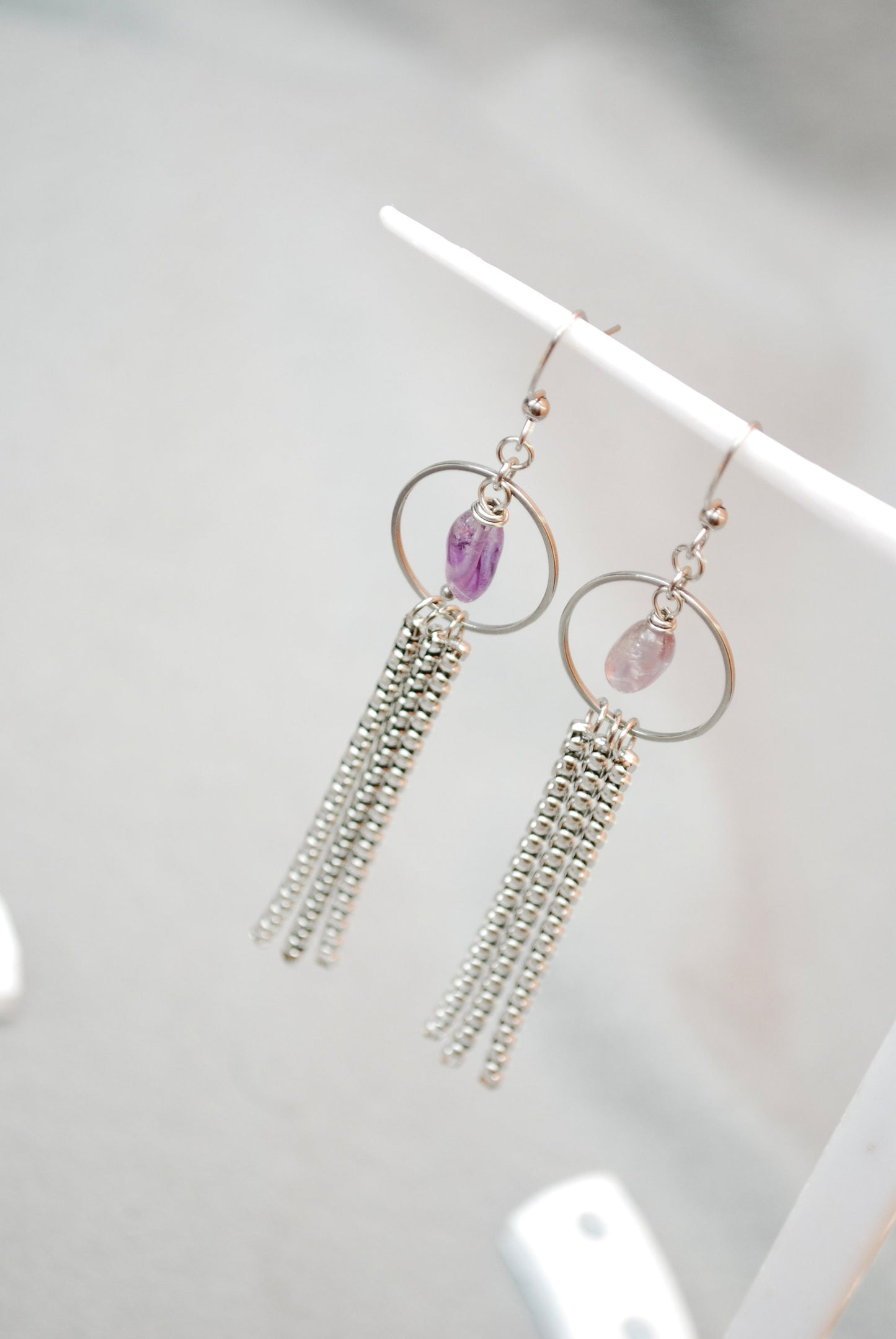 Vibrant Stainless Steel Earrings with Amethyst Beads: Playful Accessories for the Modern Fashionista! Estibela design. 10cm - 4"
