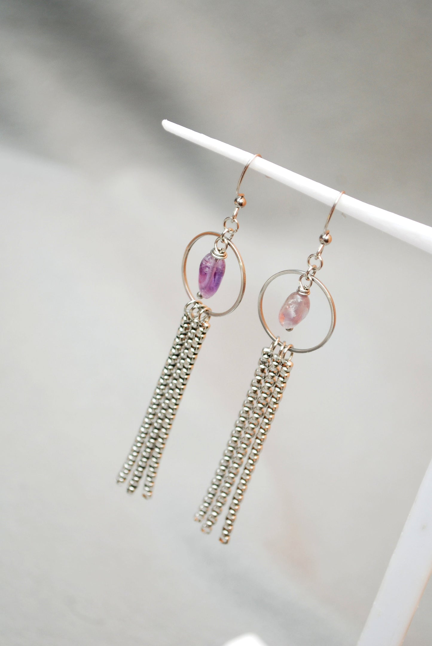 Vibrant Stainless Steel Earrings with Amethyst Beads: Playful Accessories for the Modern Fashionista! Estibela design. 10cm - 4"